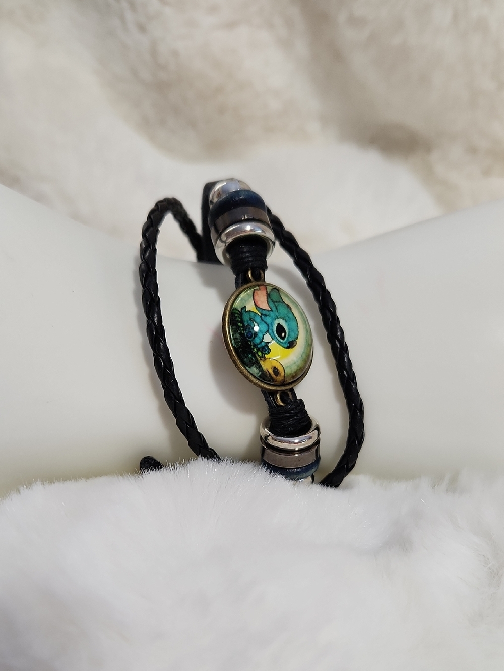 Black Braided Leather Bracelet with Stitch Character Cabochon